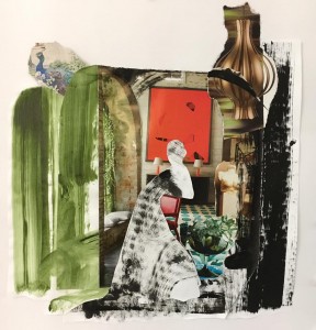 Untitled (interios with a peacock), mixed media on paper,  40*40 cm, 2018
